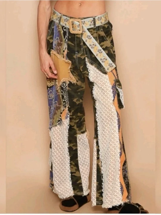 POL Twill Patchwork Crochet Detail Camo Jeans - Picture 1 of 5